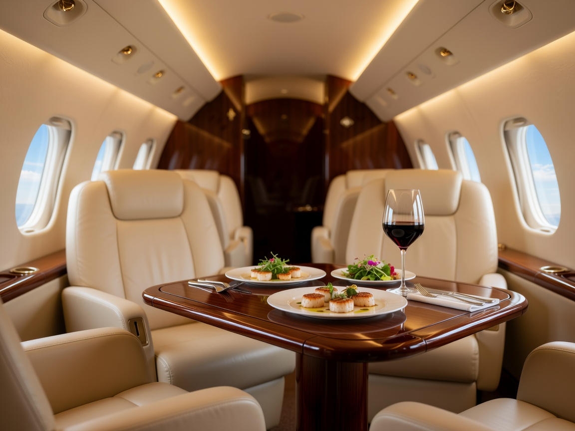 Private Jet Flight Cabin Interior Fine Dining