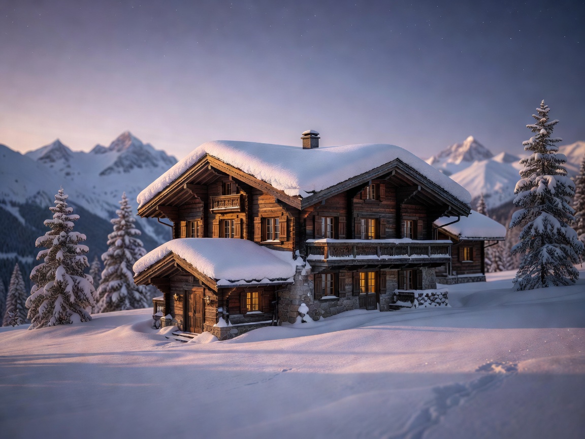 Snow covered St Moritz chalet in evening light