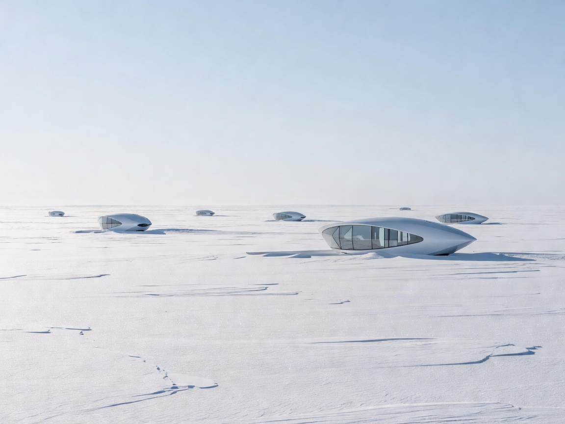 White Desert Antarctica Snow Landscape and Luxury Pods